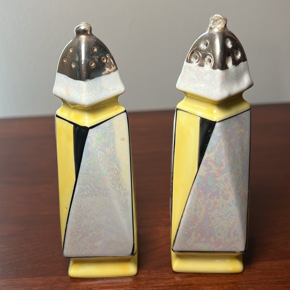 VTG Art Deco Style Yellow Black White Lustreware Salt & Pepper Shaker Set - Picture 5 of 7
